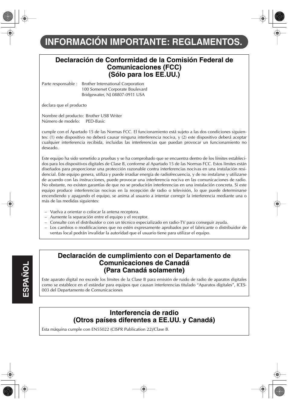 Información importante: reglamentos, English français english english esp añol english | Brother PED-Basic User Manual | Page 66 / 100