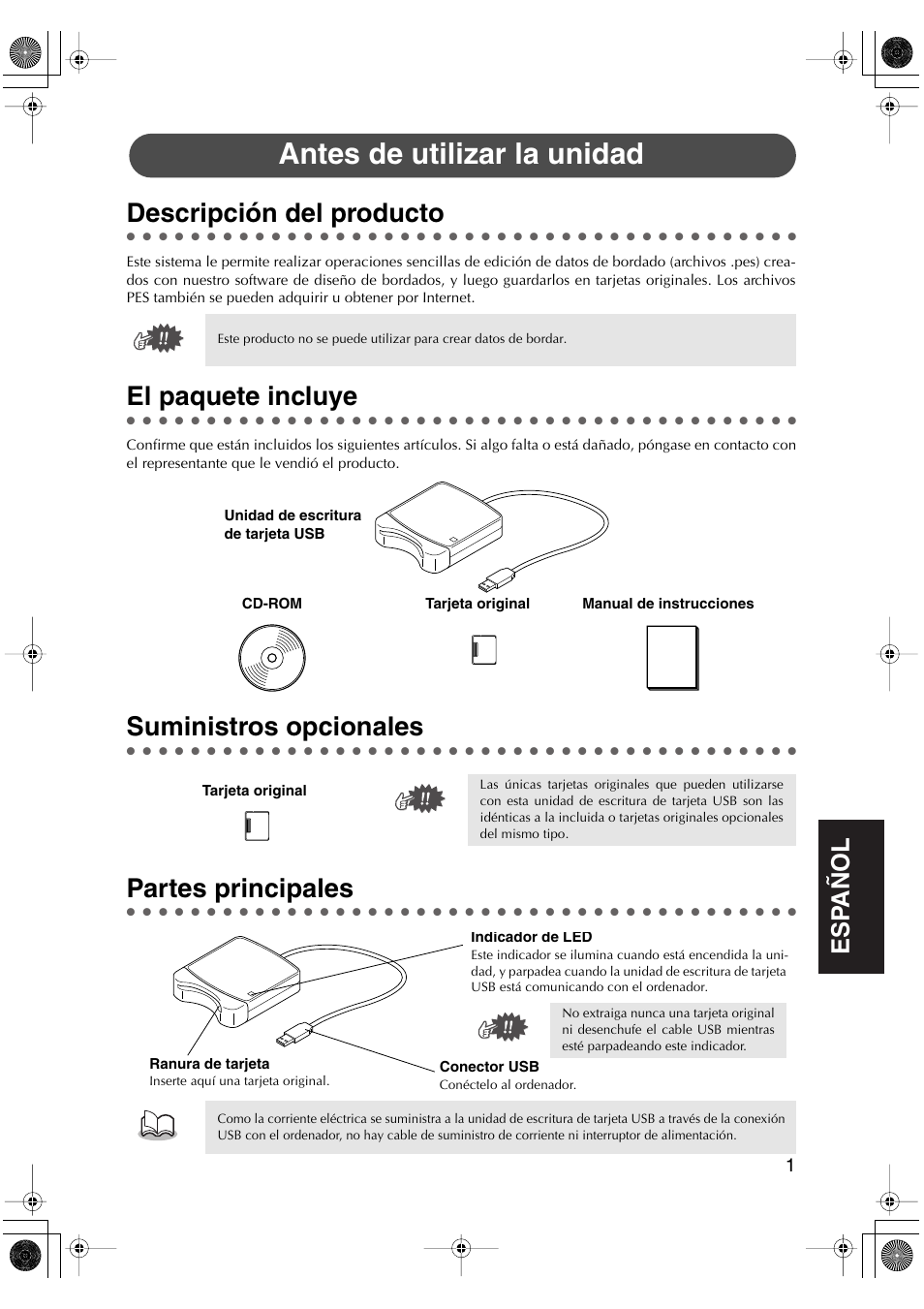 Antes de utilizar la unidad, Descripción del producto, El paquete incluye | Suministros opcionales, Partes principales | Brother PED-Basic User Manual | Page 69 / 100