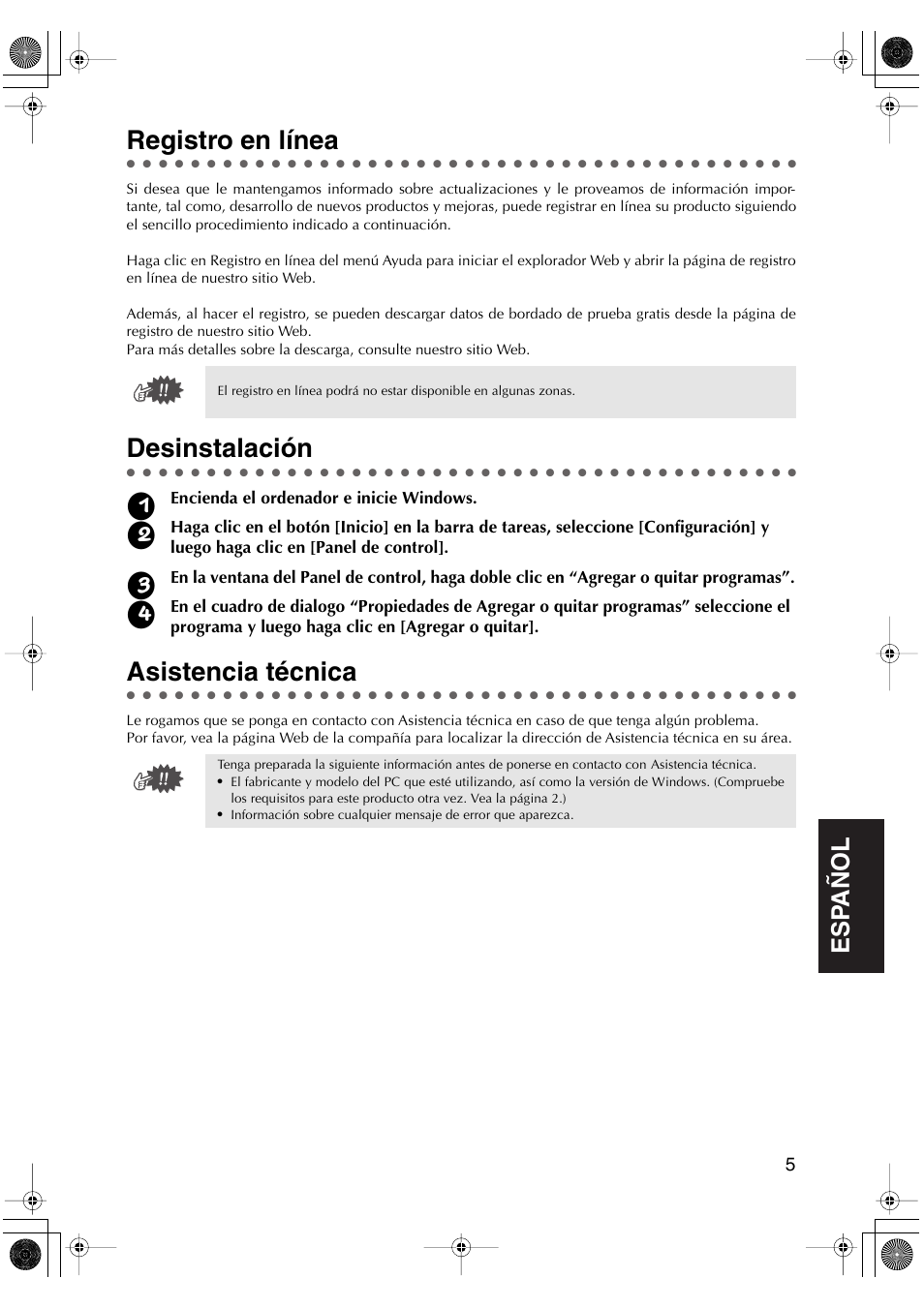 Registro en línea, Desinstalación, Asistencia técnica | Brother PED-Basic User Manual | Page 73 / 100