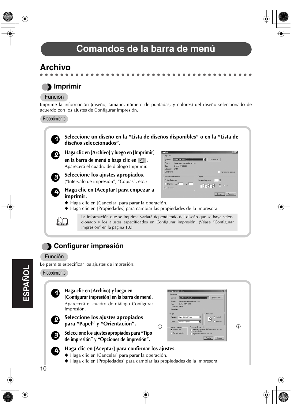 Comandos de la barra de menú, Archivo, Imprimir | Configurar impresión | Brother PED-Basic User Manual | Page 78 / 100