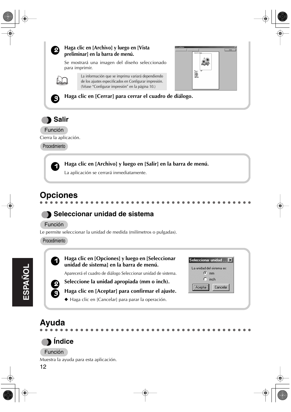 Opciones, Ayuda | Brother PED-Basic User Manual | Page 80 / 100