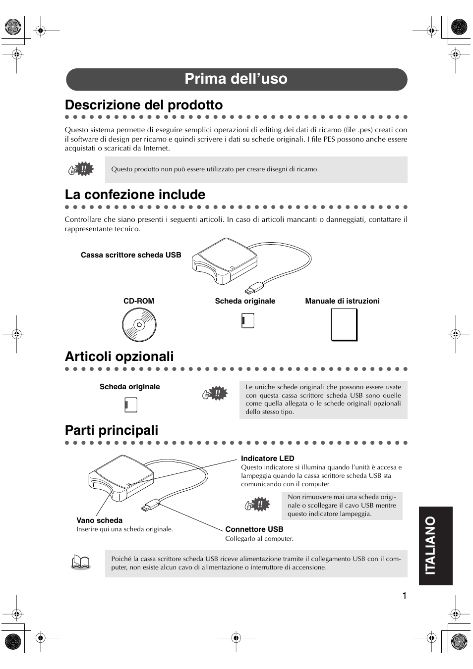 Prima dell’uso, Descrizione del prodotto, La confezione include | Articoli opzionali, Parti principali, English, English it aliano english english it aliano | Brother PED-Basic User Manual | Page 85 / 100