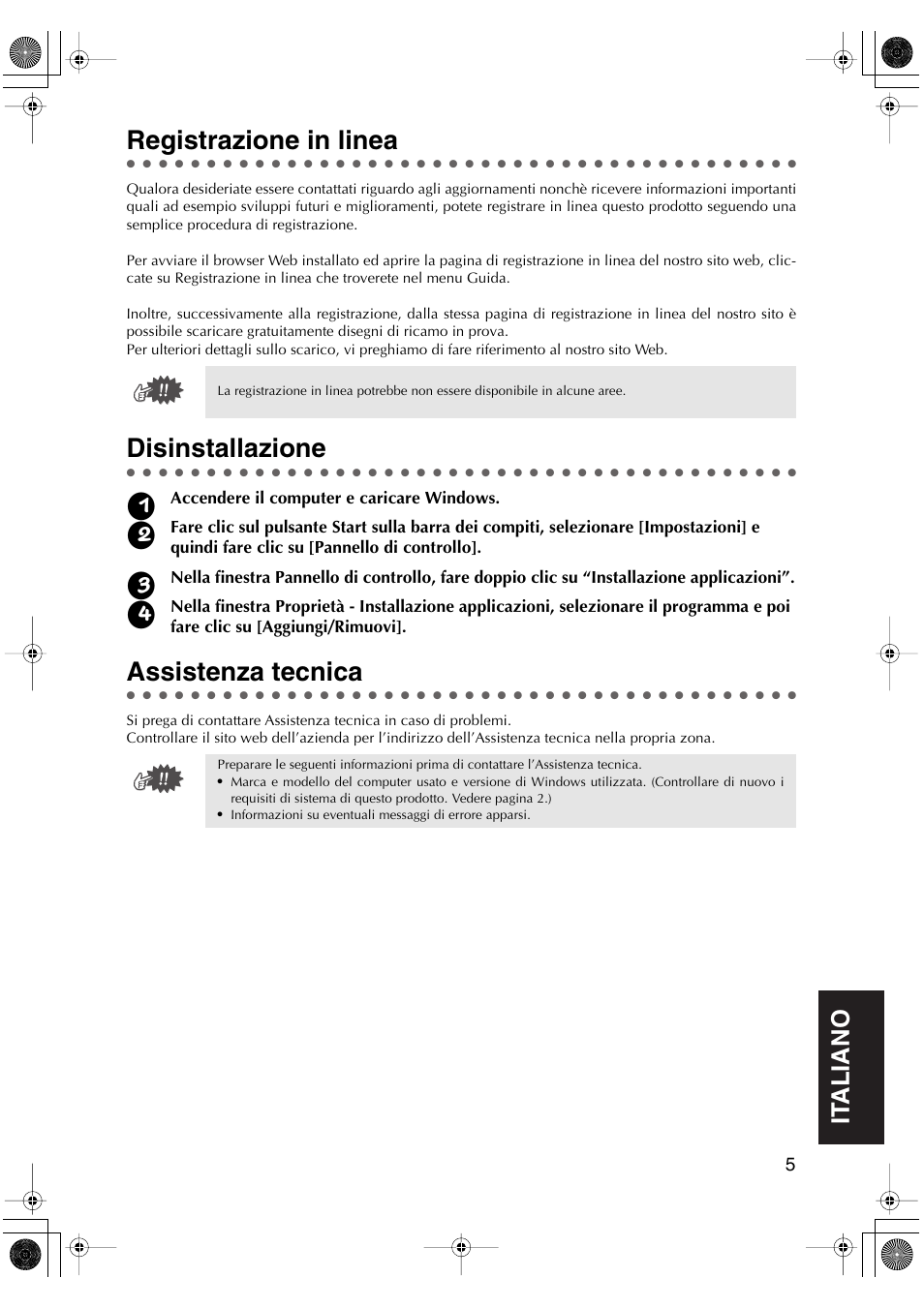 Registrazione in linea, Disinstallazione, Assistenza tecnica | English, English it aliano english english it aliano | Brother PED-Basic User Manual | Page 89 / 100