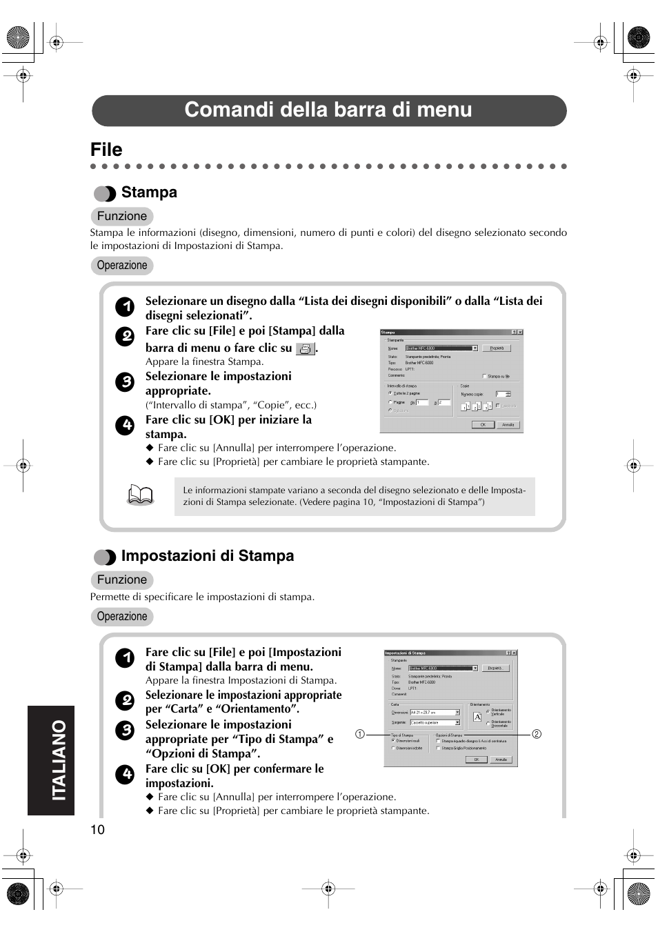 Comandi della barra di menu, File, Stampa | Impostazioni di stampa | Brother PED-Basic User Manual | Page 94 / 100