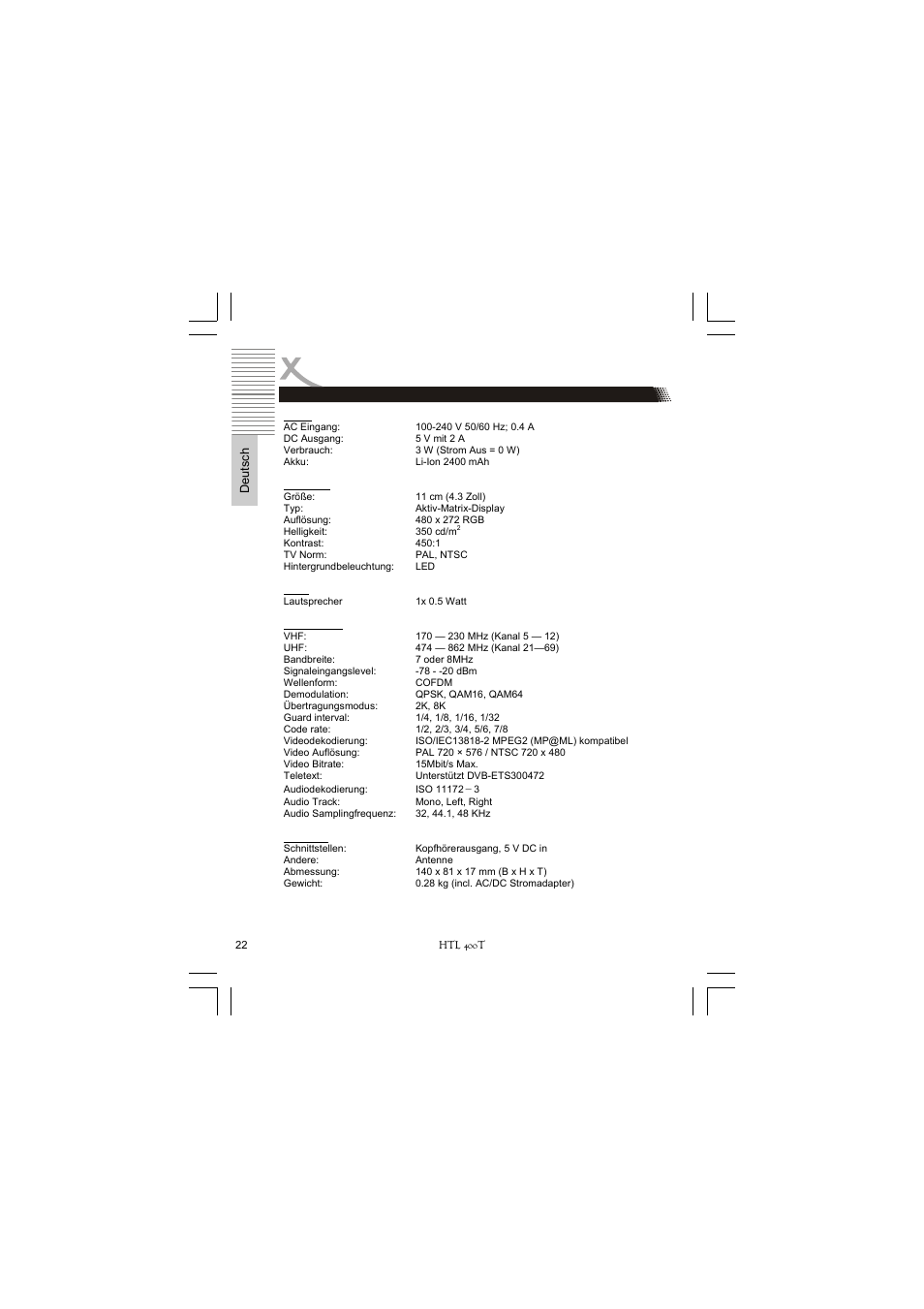 Spezifikationen | Xoro HTL 400T User Manual | Page 22 / 70