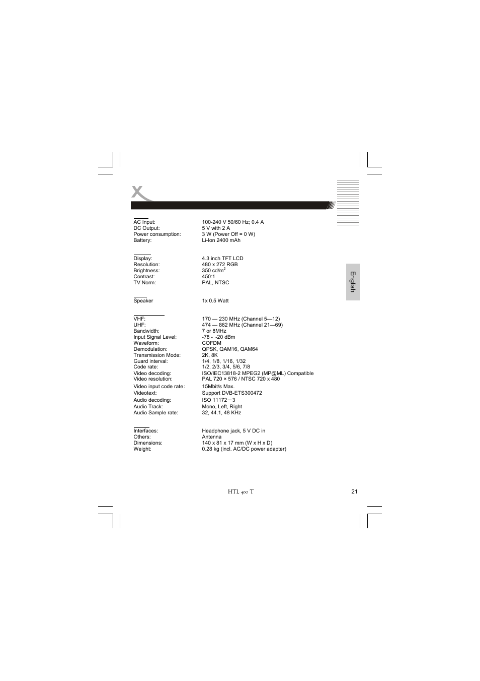 Spezification | Xoro HTL 400T User Manual | Page 43 / 70