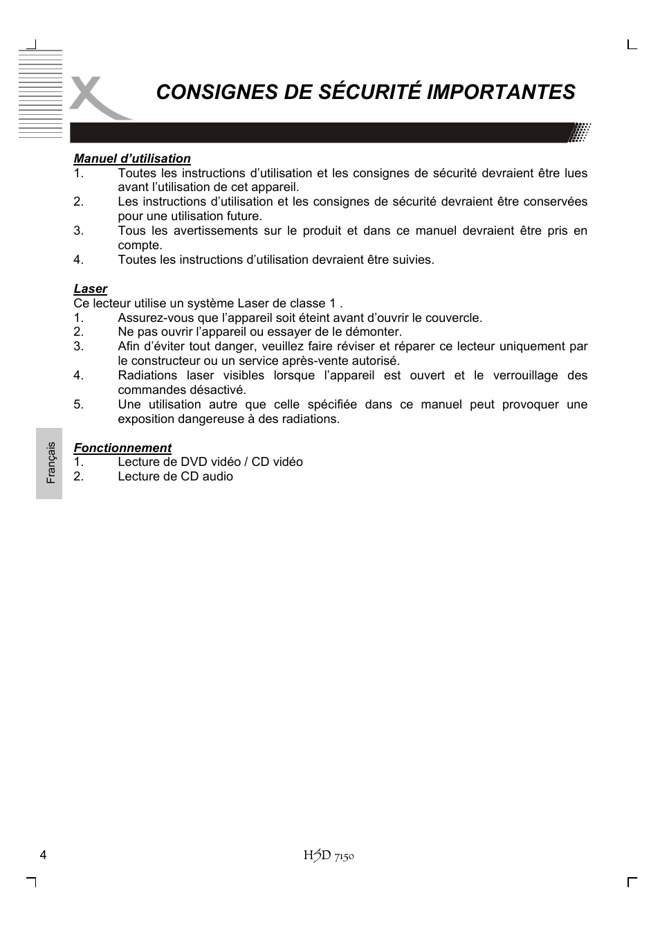 Consignes de sécurité importantes | Xoro HSD 7150 User Manual | Page 120 / 158