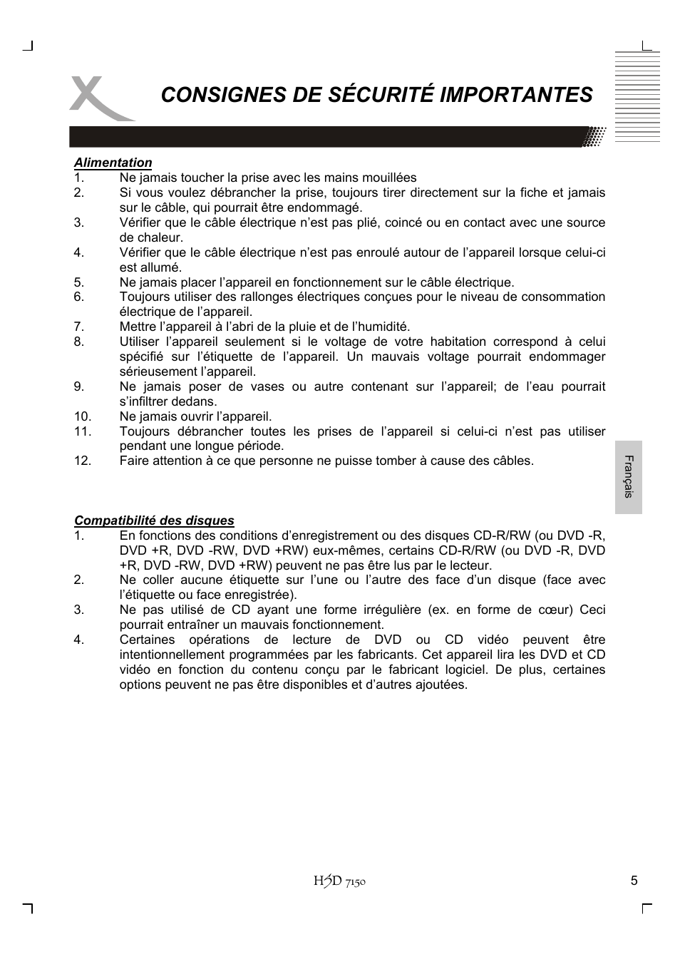 Consignes de sécurité importantes | Xoro HSD 7150 User Manual | Page 121 / 158