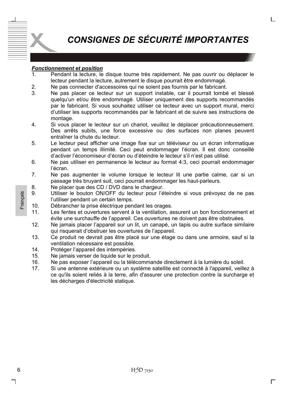 Consignes de sécurité importantes | Xoro HSD 7150 User Manual | Page 122 / 158