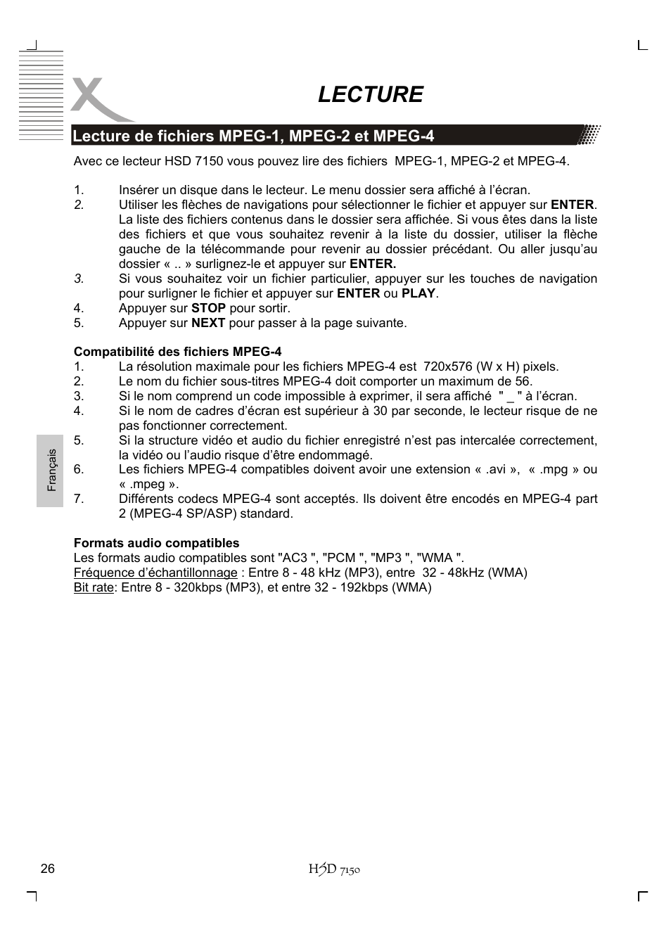 Lecture, Lecture de fichiers mpeg-1, mpeg-2 et mpeg-4 | Xoro HSD 7150 User Manual | Page 142 / 158
