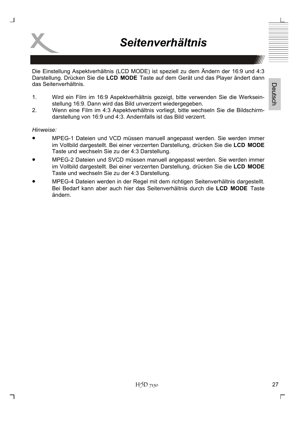 Seitenverhältnis | Xoro HSD 7150 User Manual | Page 27 / 158