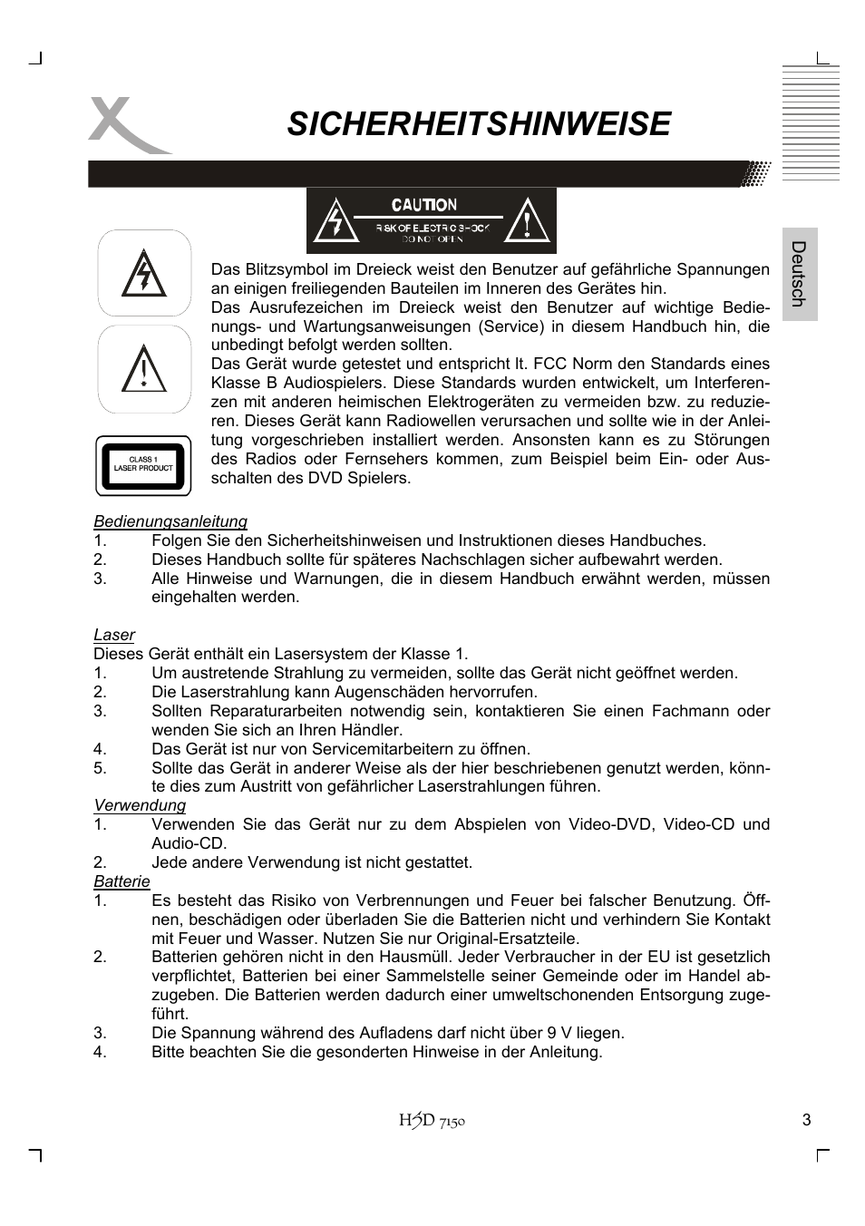 Sicherheitshinweise | Xoro HSD 7150 User Manual | Page 3 / 158
