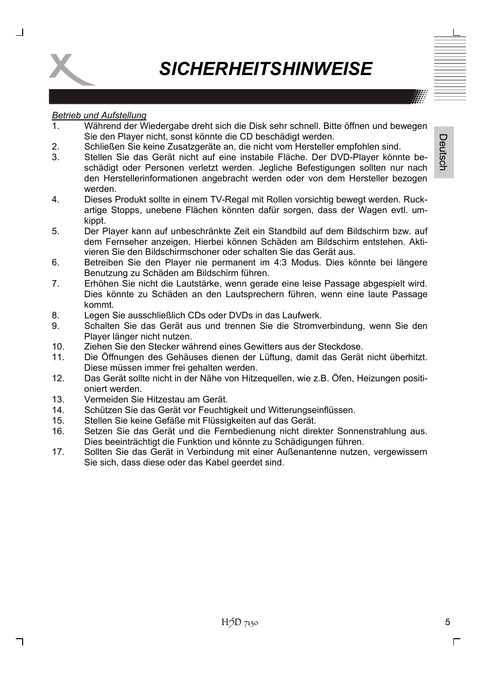 Sicherheitshinweise | Xoro HSD 7150 User Manual | Page 5 / 158