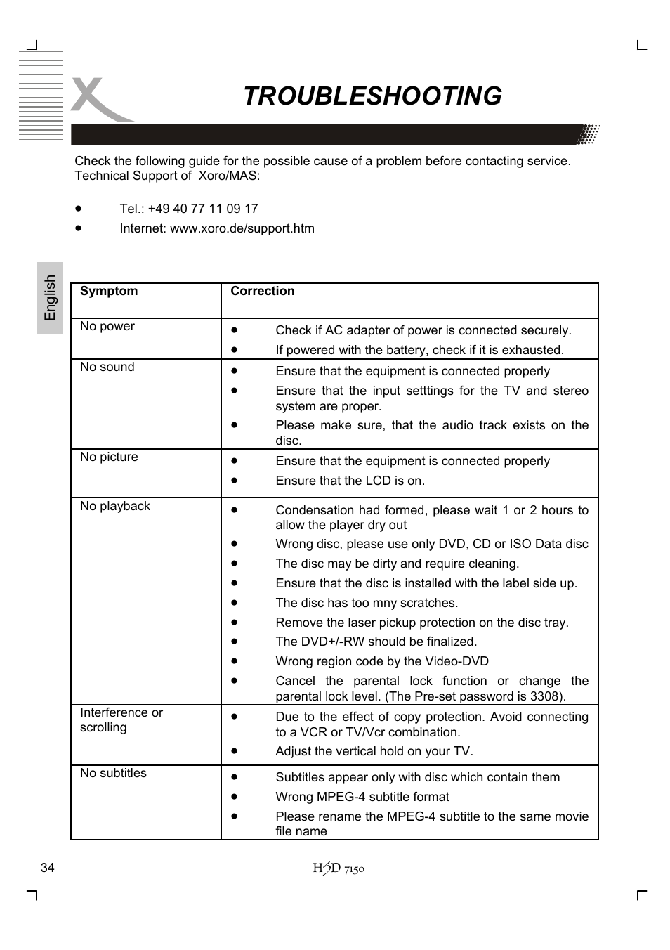 Troubleshooting | Xoro HSD 7150 User Manual | Page 74 / 158