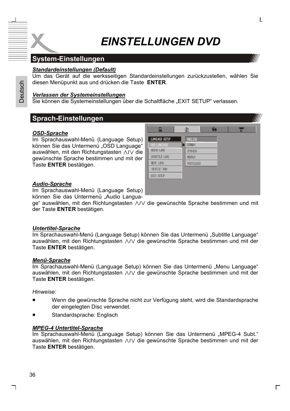 Einstellungen dvd, System-einstellungen sprach-einstellungen | Xoro HSD 7580 User Manual | Page 36 / 212