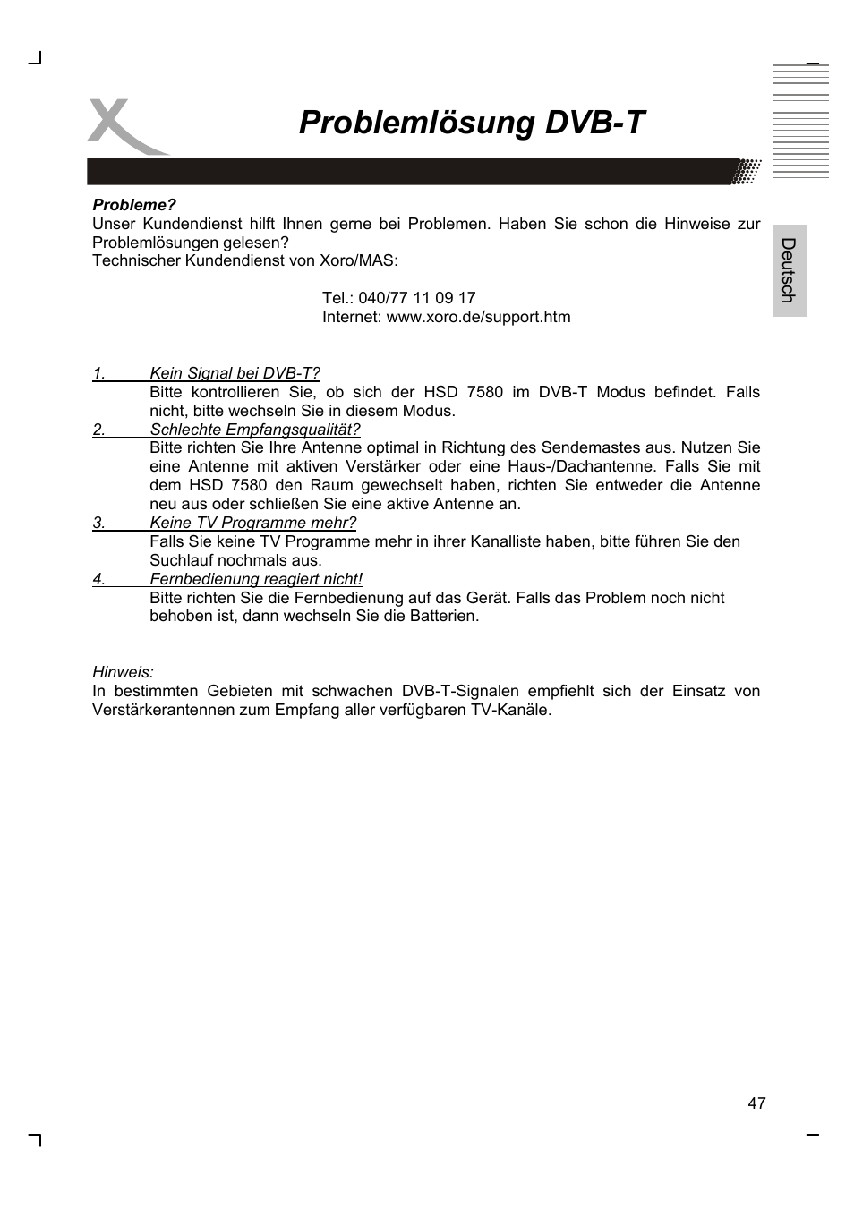 Problemlösung dvb-t | Xoro HSD 7580 User Manual | Page 47 / 212