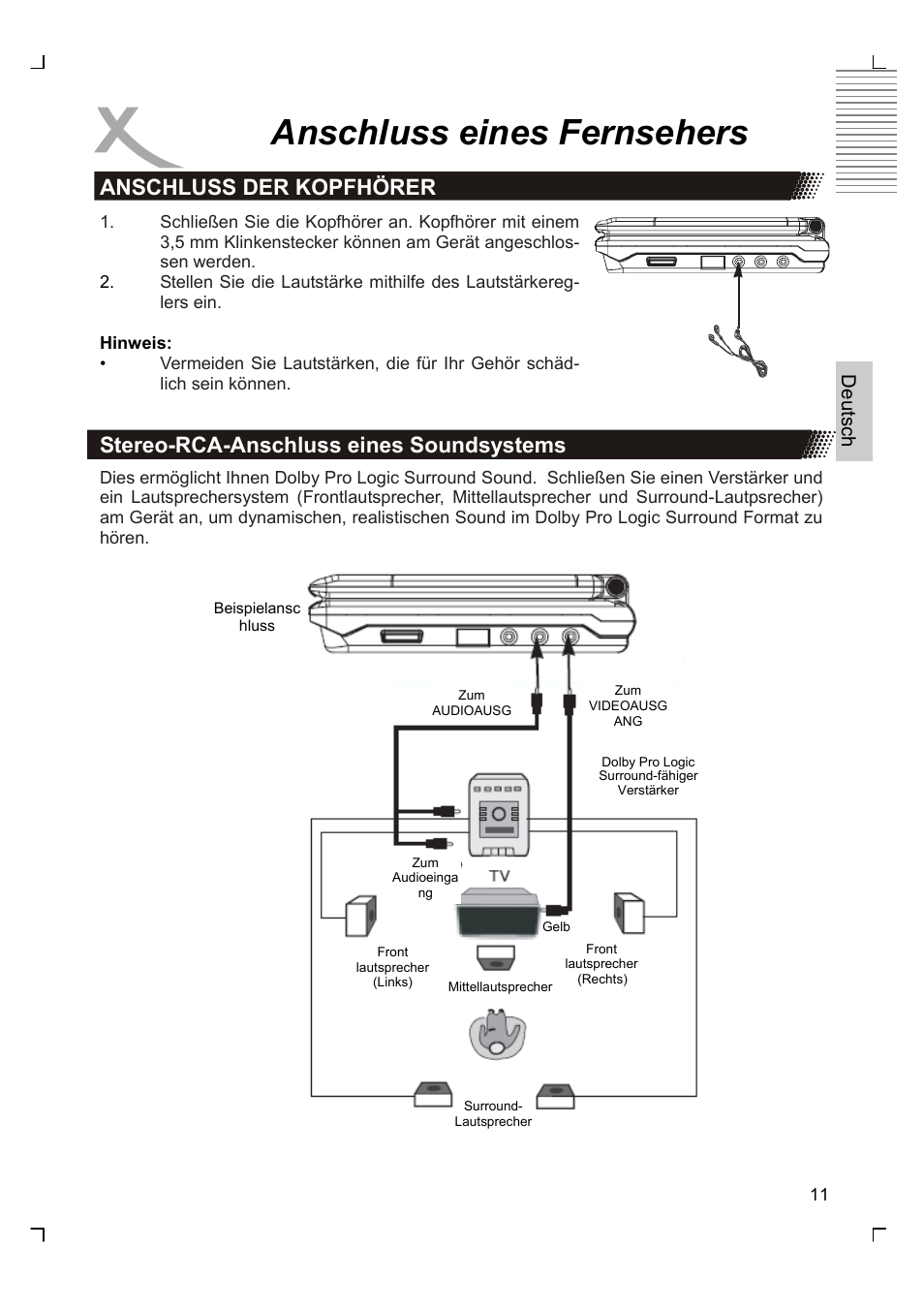 Anschluss eines fernsehers, Anschluss der kopfhörer, Stereo-rca-anschluss eines soundsystems | Xoro HSD 7570 User Manual | Page 11 / 114