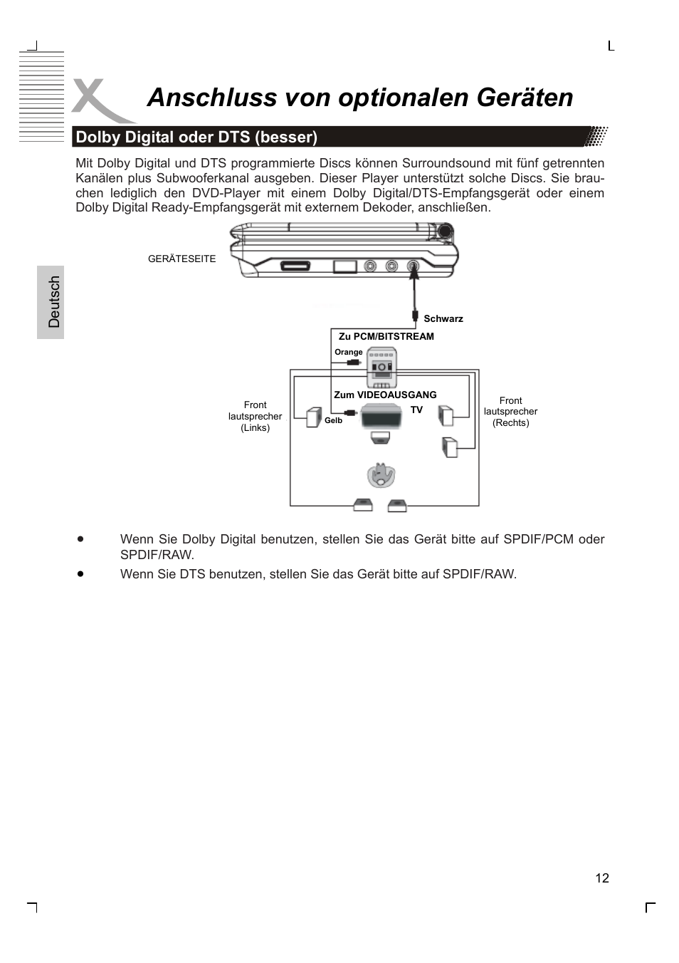 Anschluss von optionalen geräten, Dolby digital oder dts (besser) | Xoro HSD 7570 User Manual | Page 12 / 114