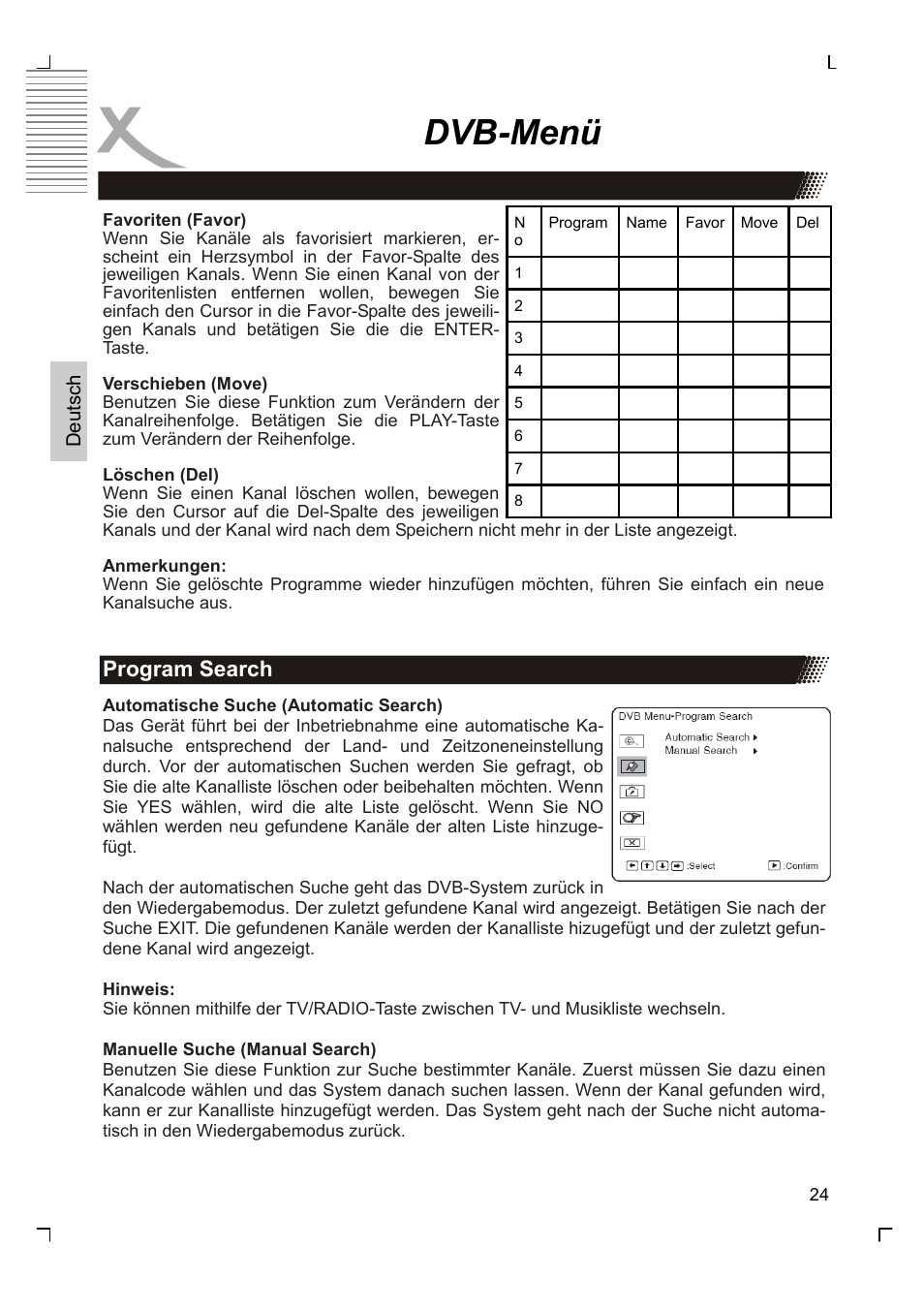 Dvb-menü, Program search | Xoro HSD 7570 User Manual | Page 24 / 114