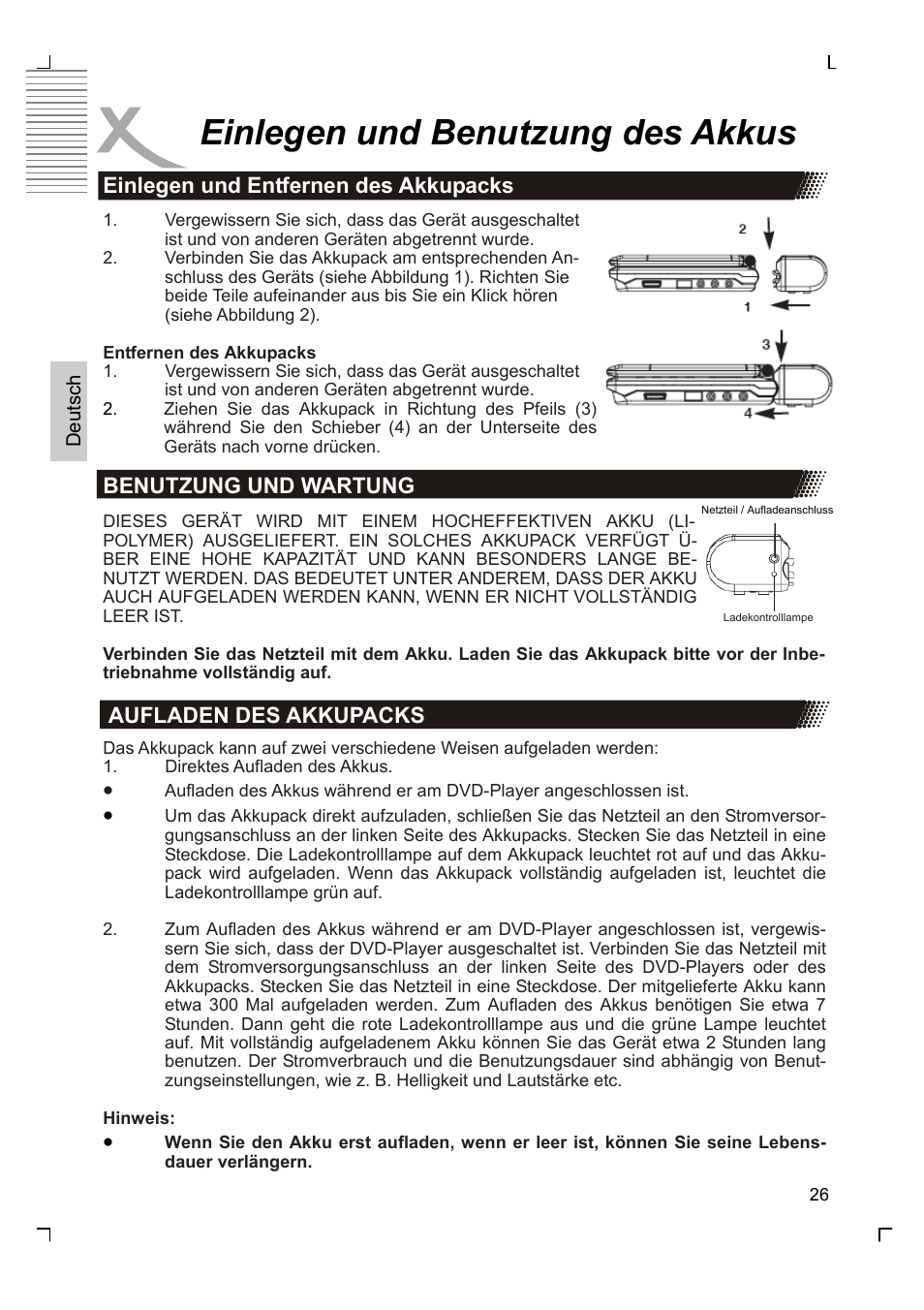 Einlegen und benutzung des akkus | Xoro HSD 7570 User Manual | Page 26 / 114