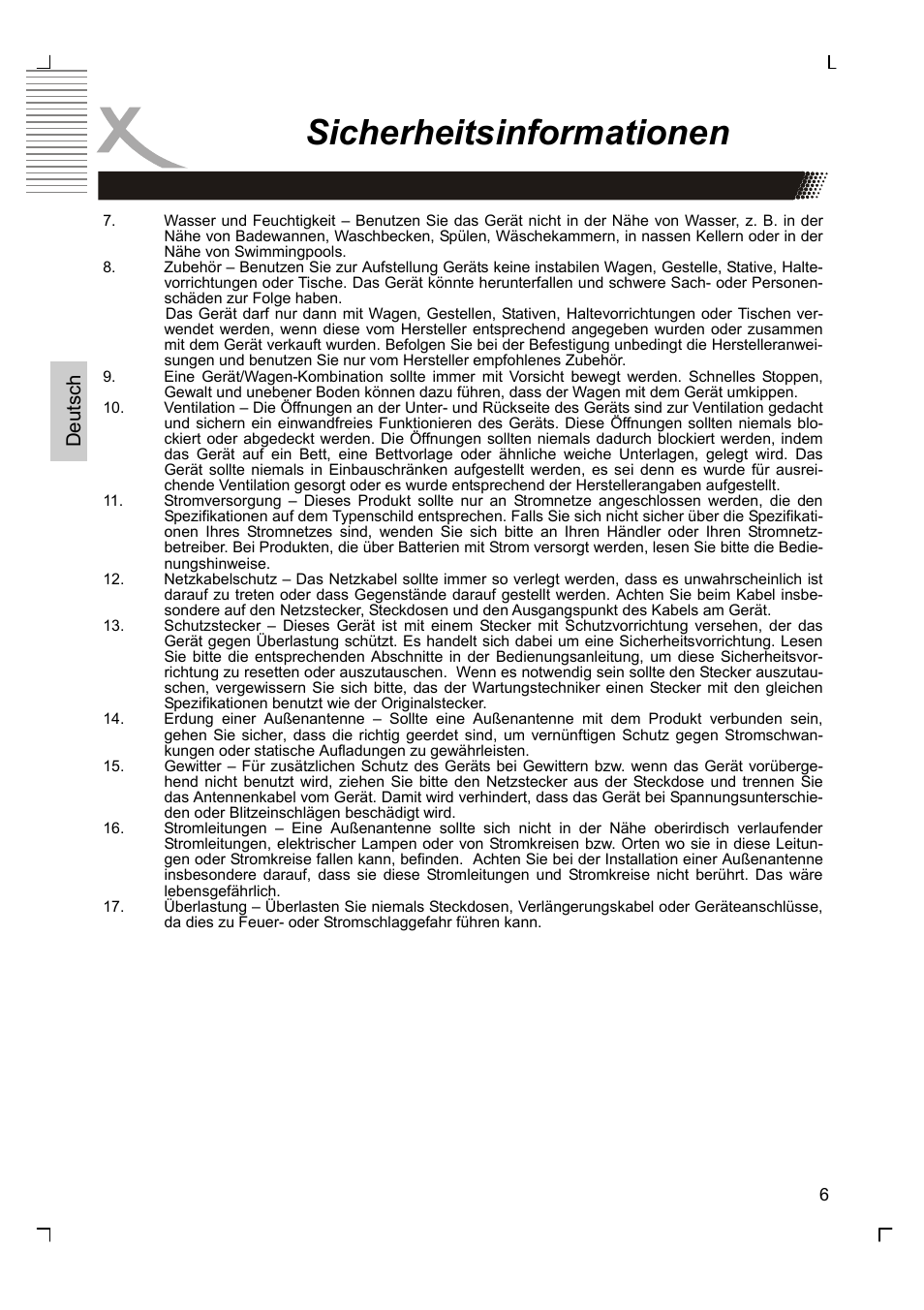 Sicherheitsinformationen, Deutsch | Xoro HSD 7570 User Manual | Page 6 / 114