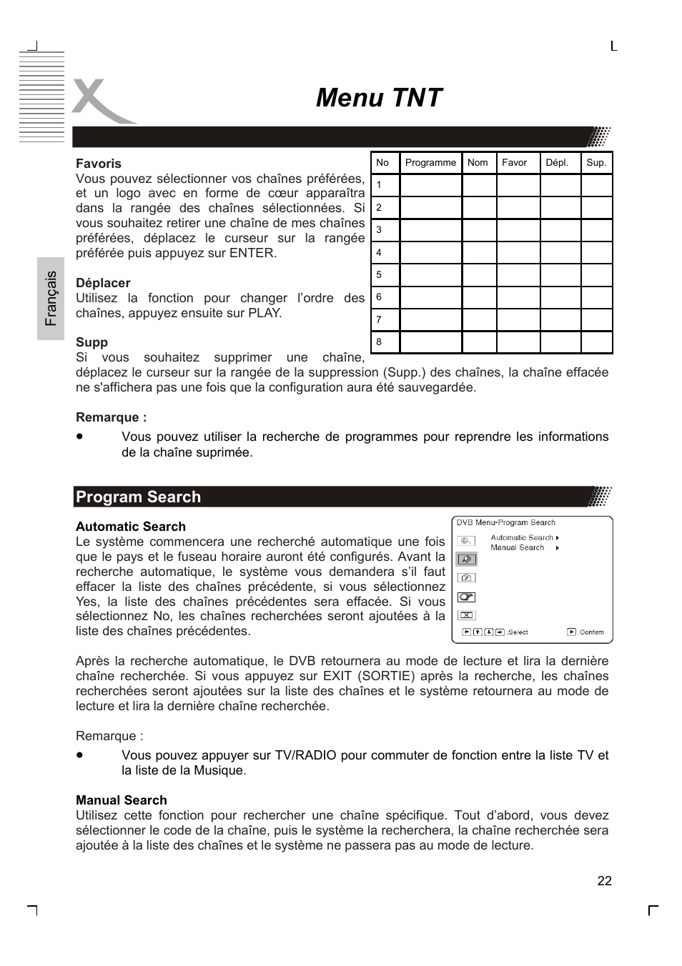 Menu tnt, Program search, Français | Xoro HSD 7570 User Manual | Page 80 / 114
