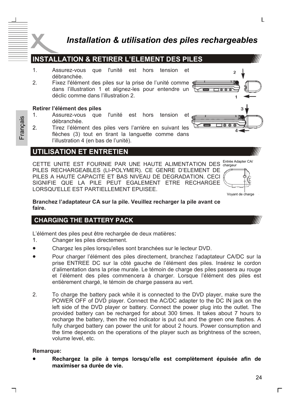 Installation & utilisation des piles rechargeables | Xoro HSD 7570 User Manual | Page 82 / 114