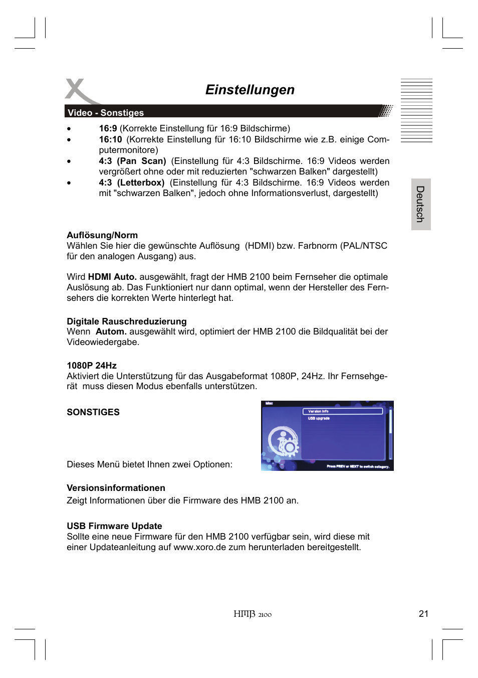 Einstellungen | Xoro HMB 2100 User Manual | Page 21 / 98