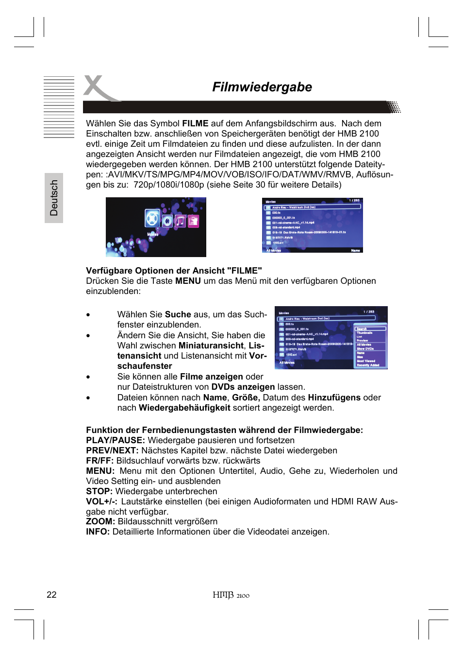 Filmwiedergabe | Xoro HMB 2100 User Manual | Page 22 / 98