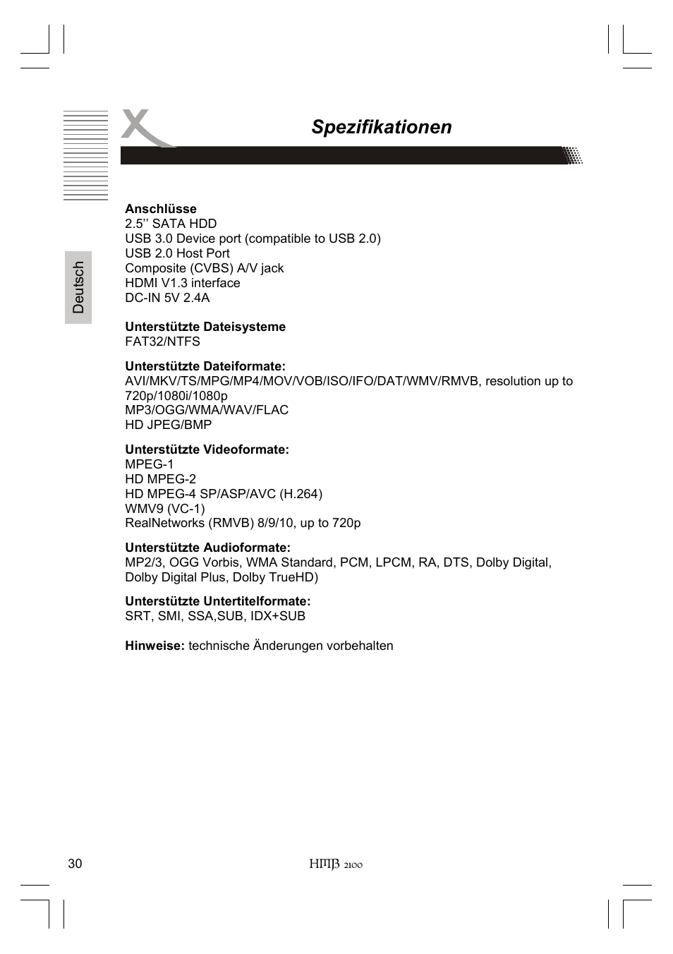 Spezifikationen | Xoro HMB 2100 User Manual | Page 30 / 98