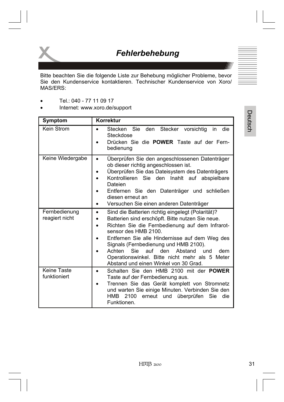 Fehlerbehebung | Xoro HMB 2100 User Manual | Page 31 / 98