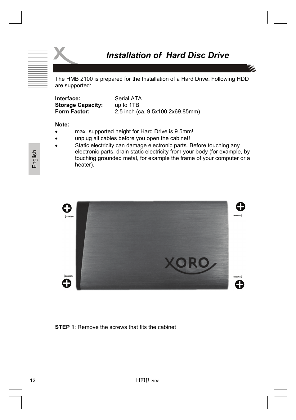 Installation of hard disc drive | Xoro HMB 2100 User Manual | Page 44 / 98