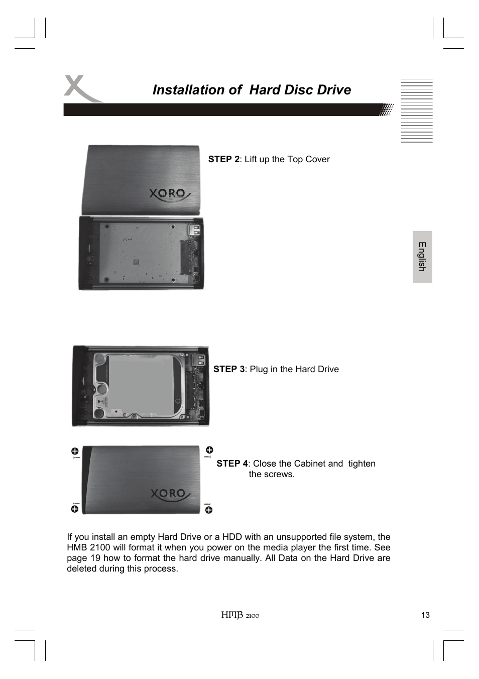 Installation of hard disc drive | Xoro HMB 2100 User Manual | Page 45 / 98