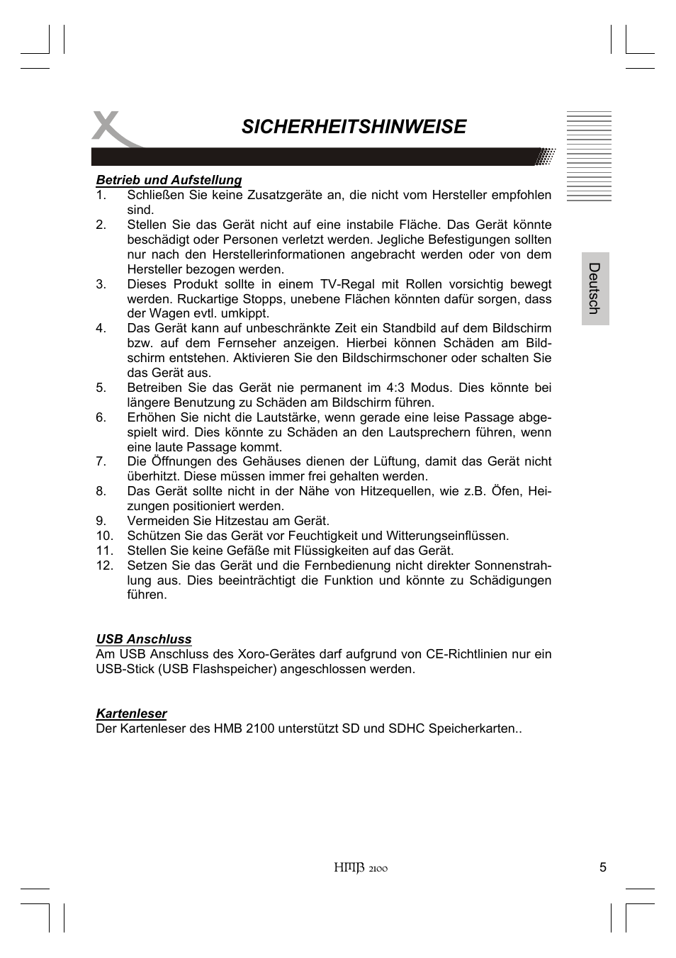 Sicherheitshinweise | Xoro HMB 2100 User Manual | Page 5 / 98