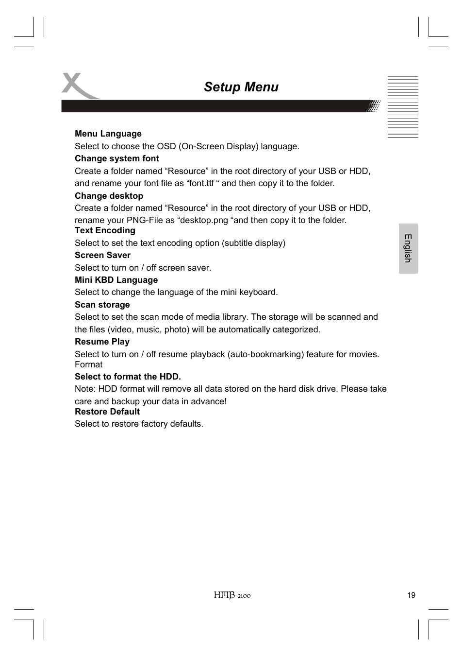Setup menu | Xoro HMB 2100 User Manual | Page 51 / 98