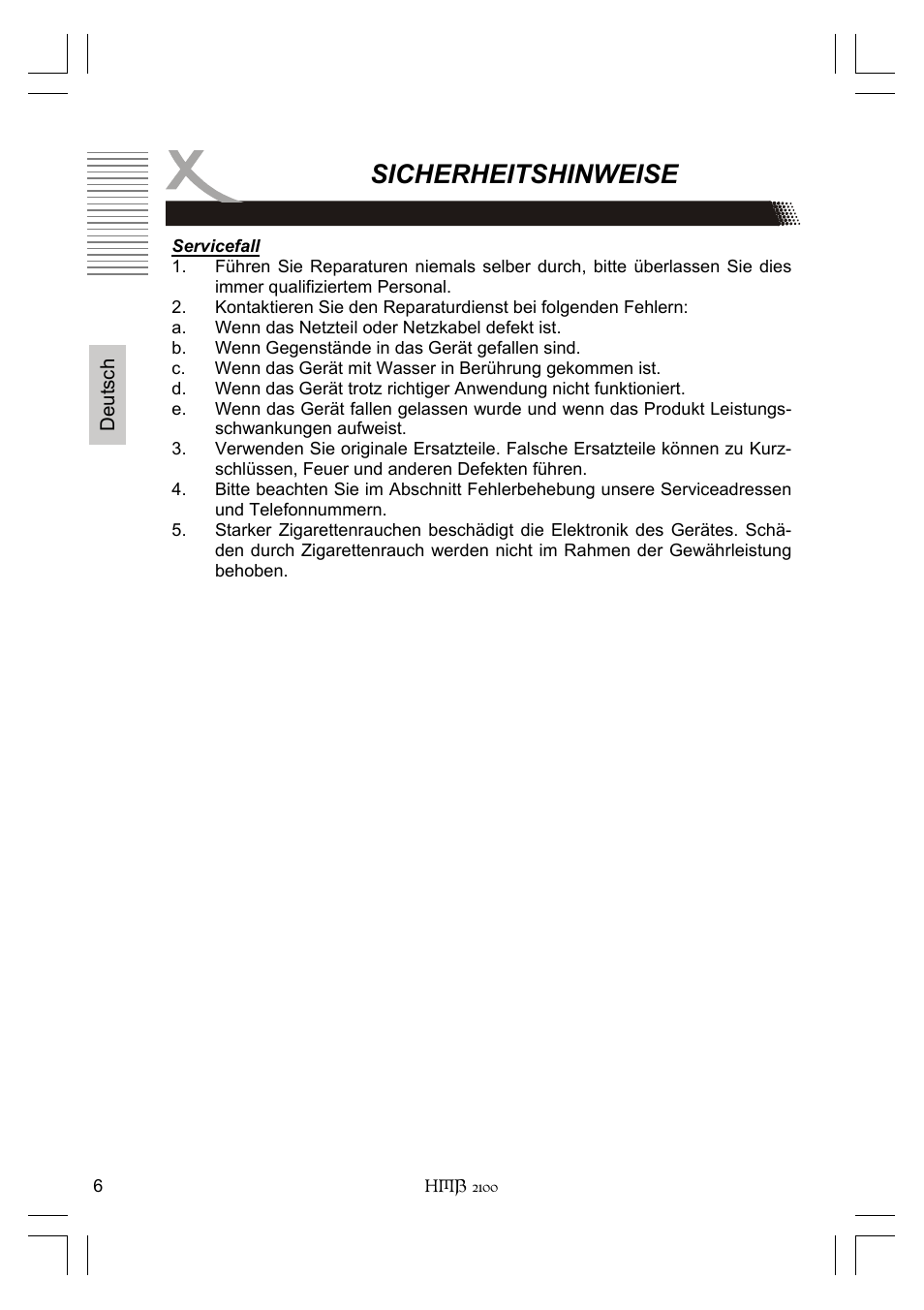 Sicherheitshinweise | Xoro HMB 2100 User Manual | Page 6 / 98