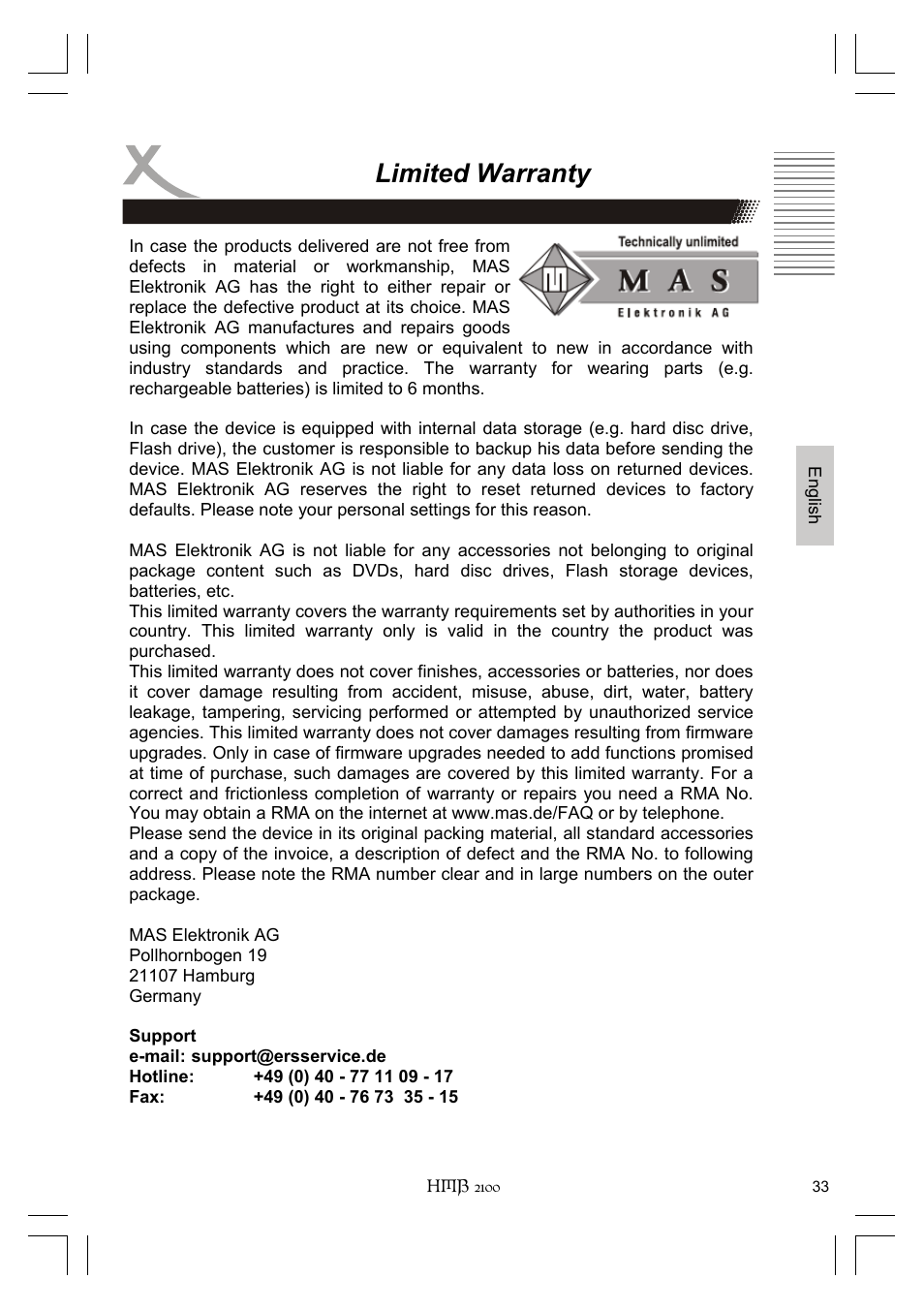 Limited warranty | Xoro HMB 2100 User Manual | Page 65 / 98