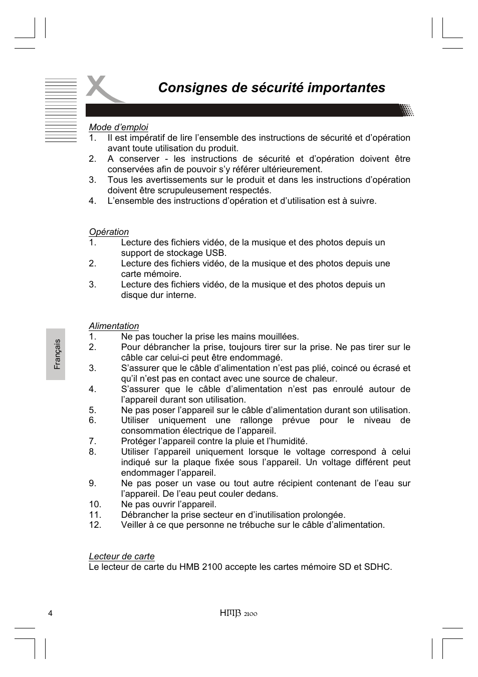 Consignes de sécurité importantes | Xoro HMB 2100 User Manual | Page 68 / 98