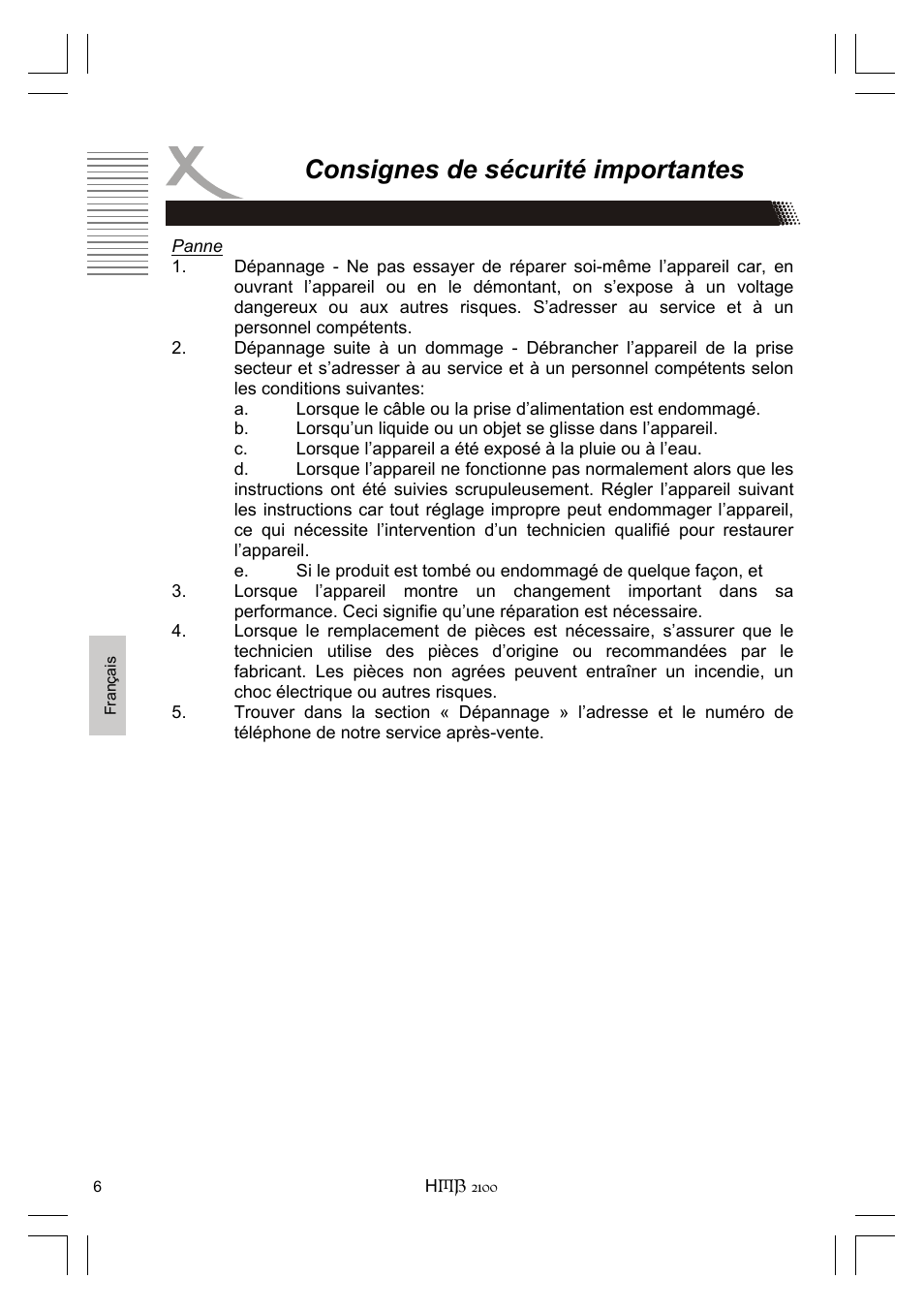 Consignes de sécurité importantes | Xoro HMB 2100 User Manual | Page 70 / 98