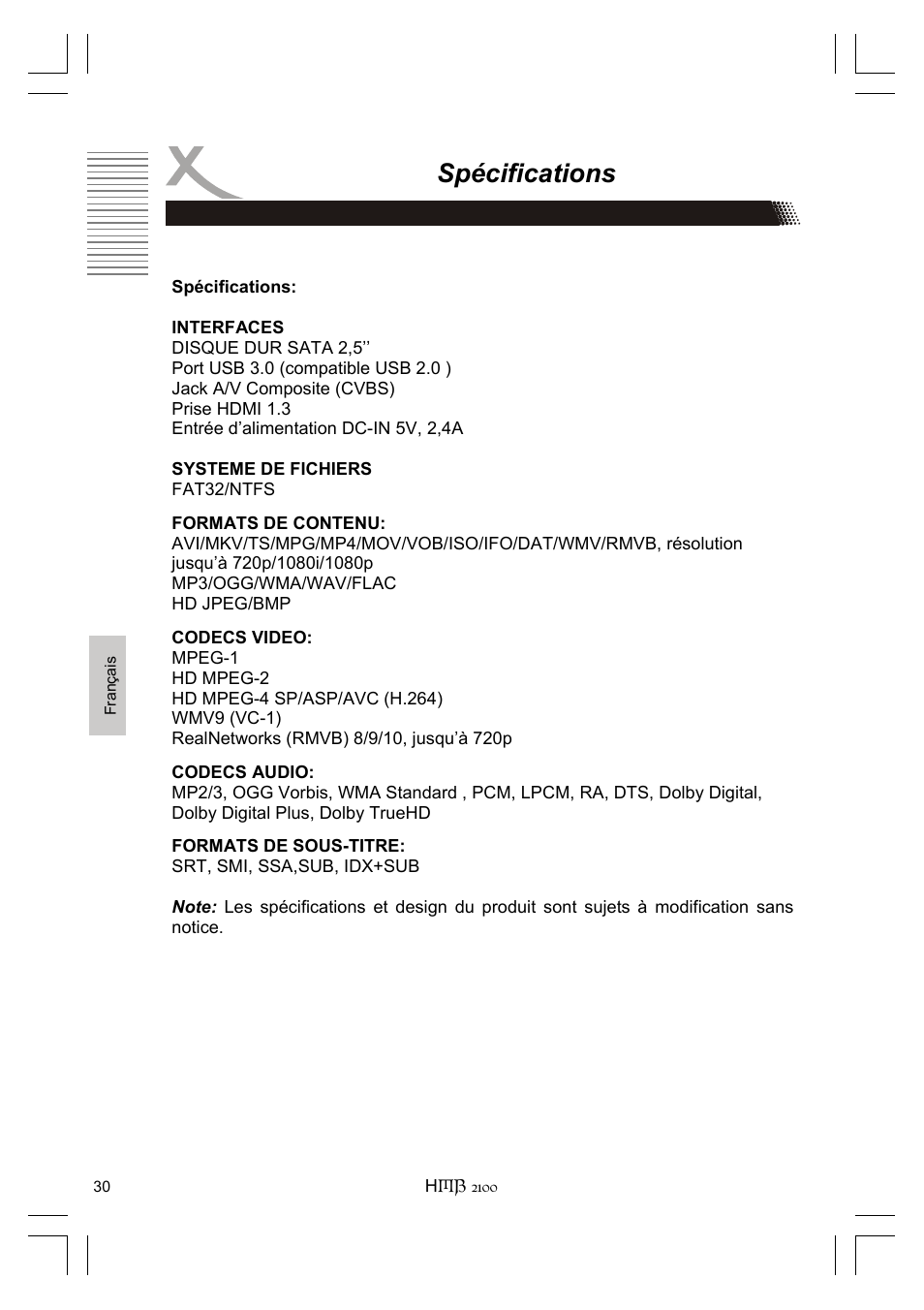 Spécifications | Xoro HMB 2100 User Manual | Page 94 / 98