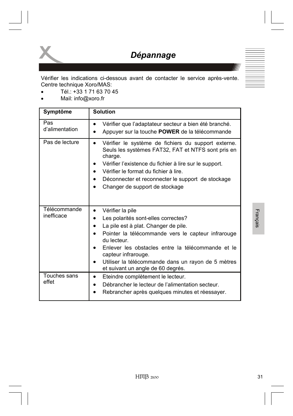 Dépannage | Xoro HMB 2100 User Manual | Page 95 / 98