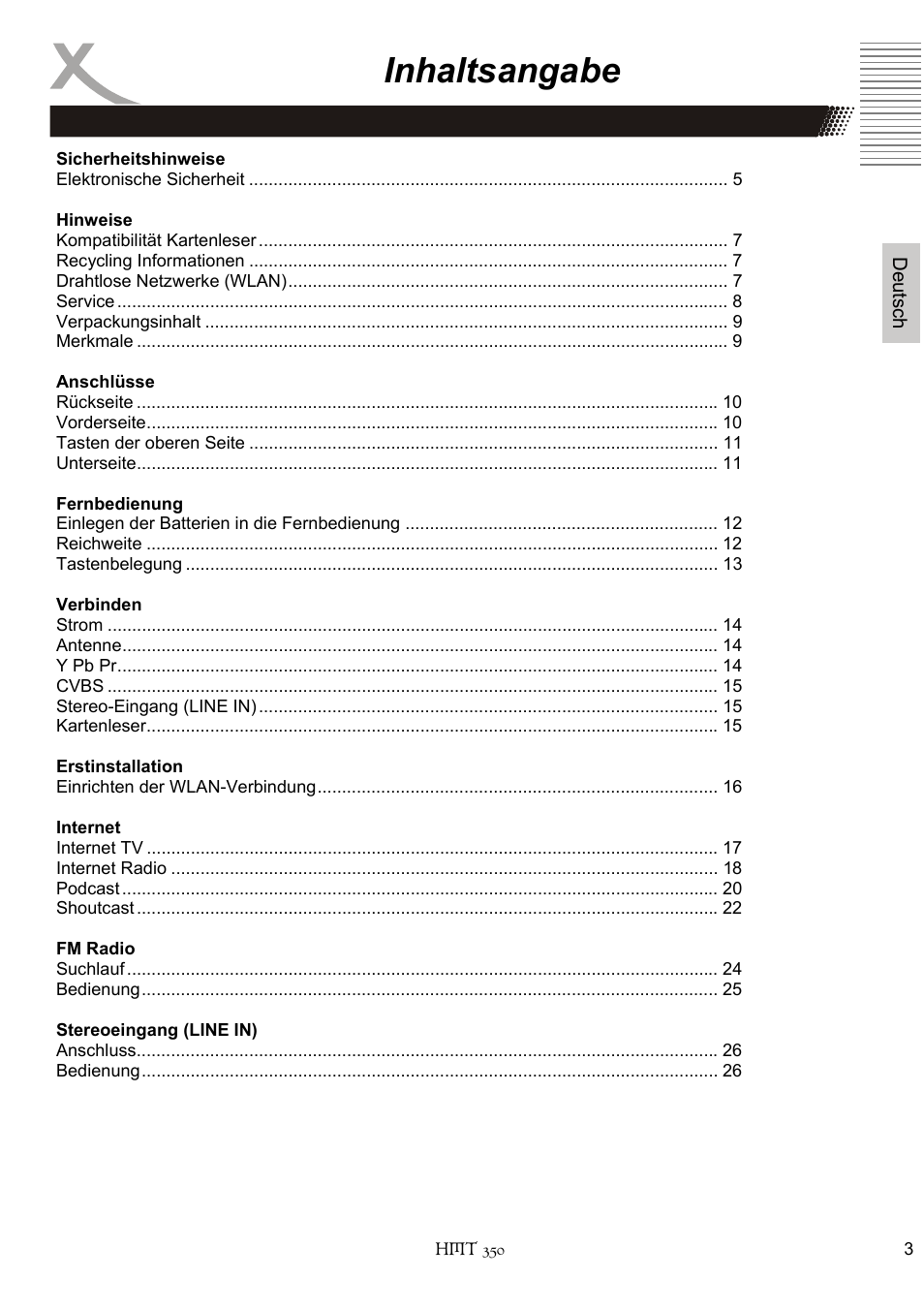 Inhaltsangabe | Xoro HMT 350 User Manual | Page 3 / 124