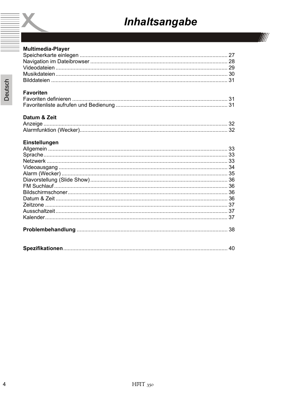 Inhaltsangabe | Xoro HMT 350 User Manual | Page 4 / 124