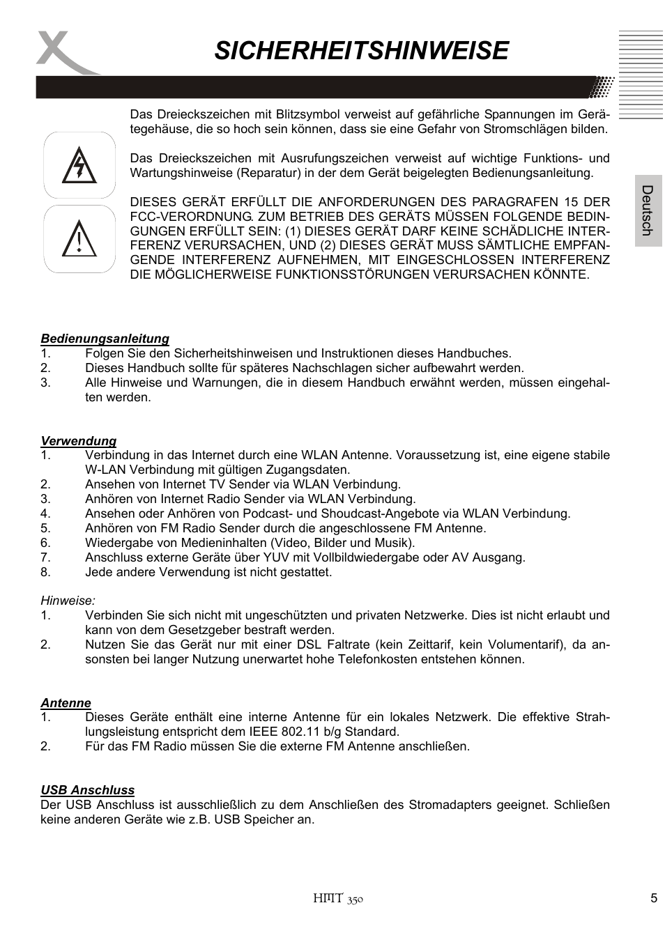 Sicherheitshinweise | Xoro HMT 350 User Manual | Page 5 / 124