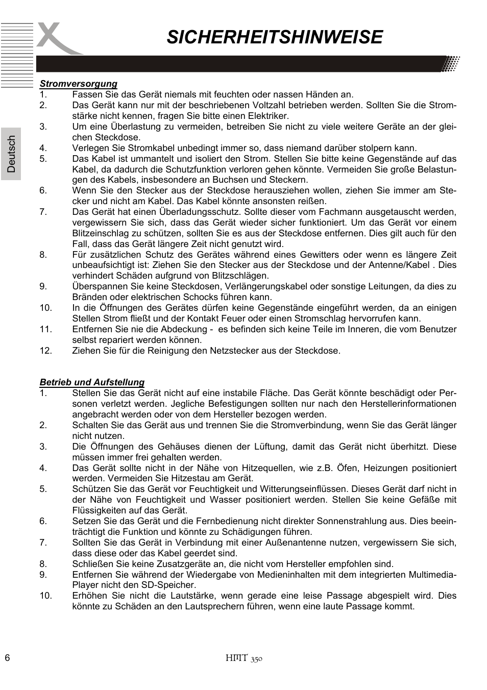 Sicherheitshinweise | Xoro HMT 350 User Manual | Page 6 / 124