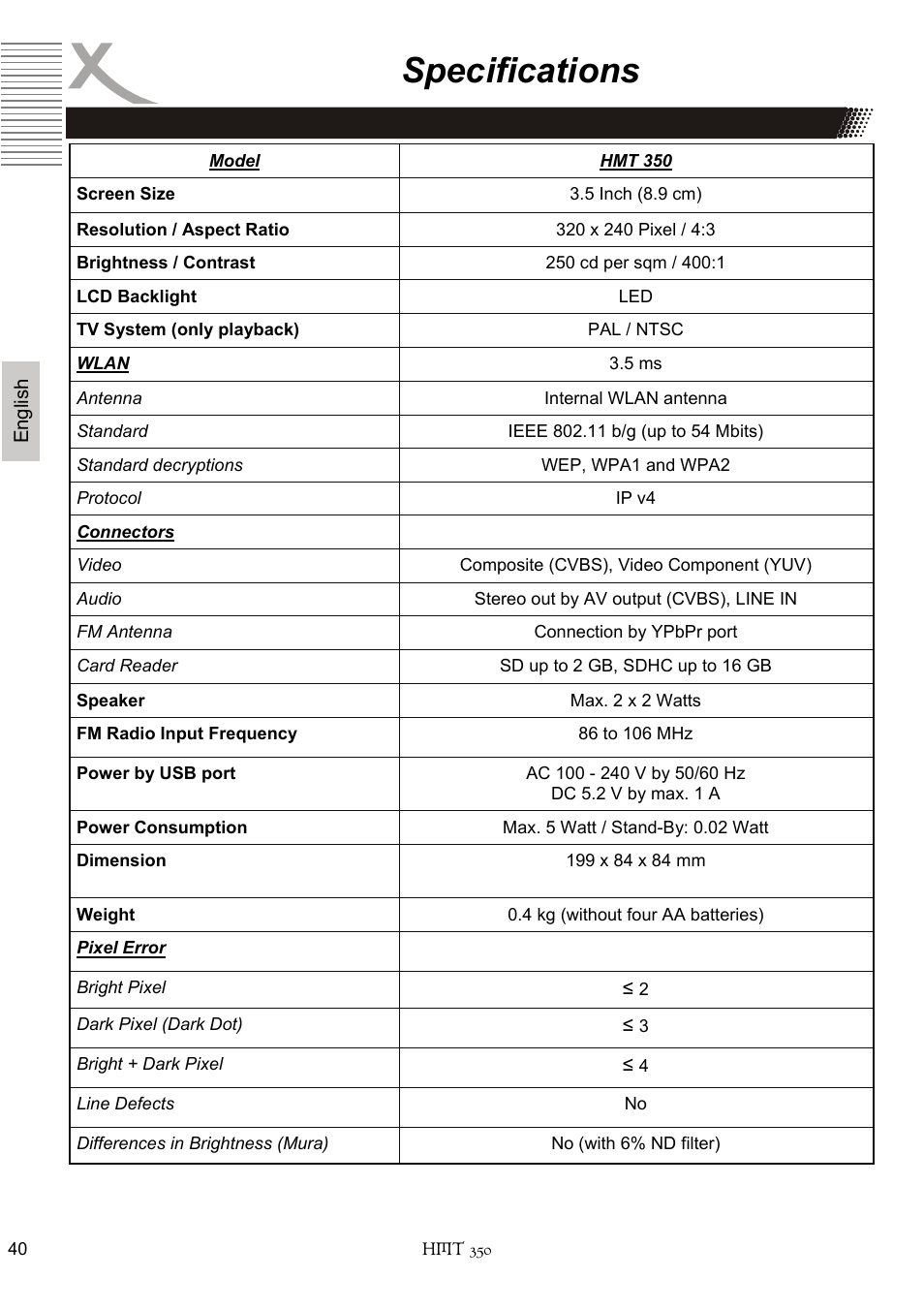 Specifications | Xoro HMT 350 User Manual | Page 80 / 124