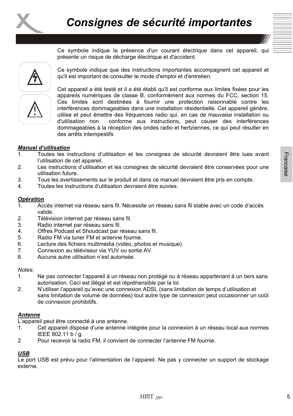 Consignes de sécurité importantes | Xoro HMT 350 User Manual | Page 85 / 124