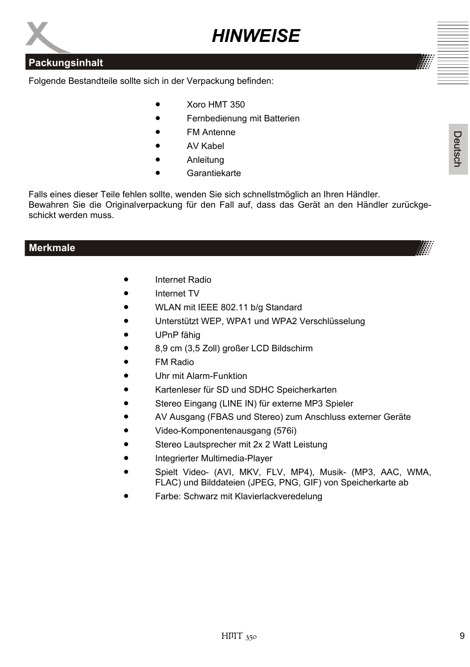 Hinweise | Xoro HMT 350 User Manual | Page 9 / 124