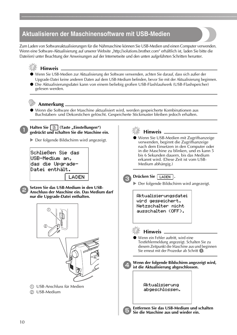 Aktualisieren der maschinensoftware mit usb-medien, Hinweis, Anmerkung | Brother PE-770 User Manual | Page 12 / 40