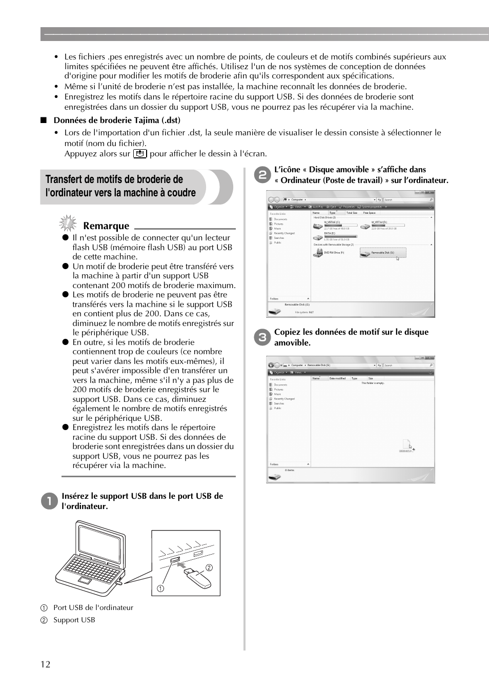 Remarque | Brother PE-770 User Manual | Page 14 / 40